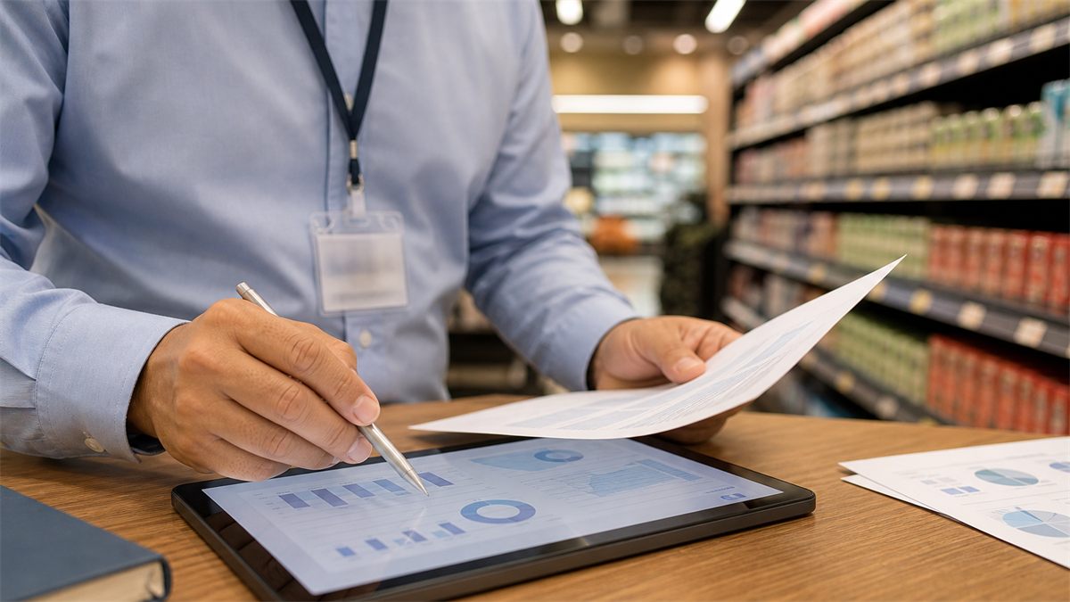 Gerente de supermercado analisando relatório de cliente oculto