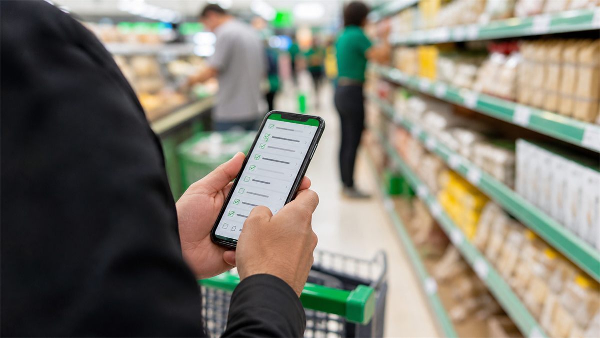 Cliente oculto utilizando celular em um supermercado